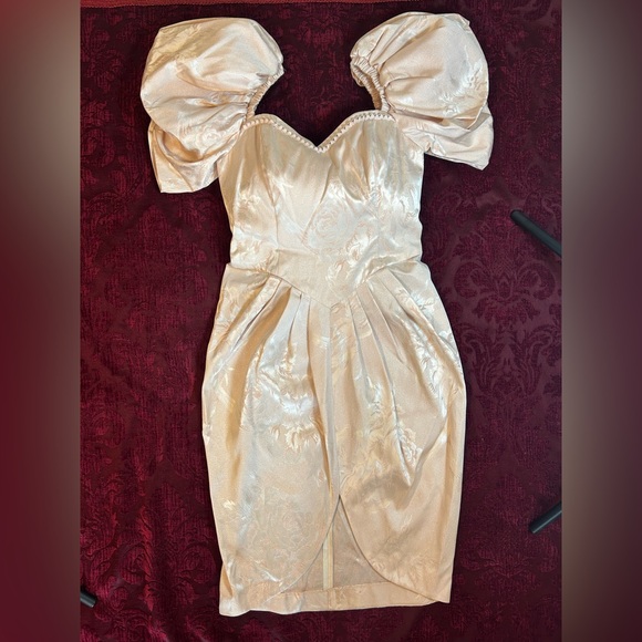 Vintage Satin Blush Pink Puff Sleeve Dress Size 12 - Picture 3 of 13